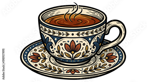 Vector Pinocut A detailed illustration of a cup of hot tea and saucer.