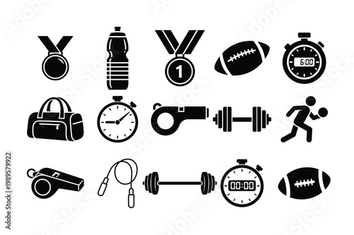Sports Fitness Equipment And Training Silhouette Icon Set Collection