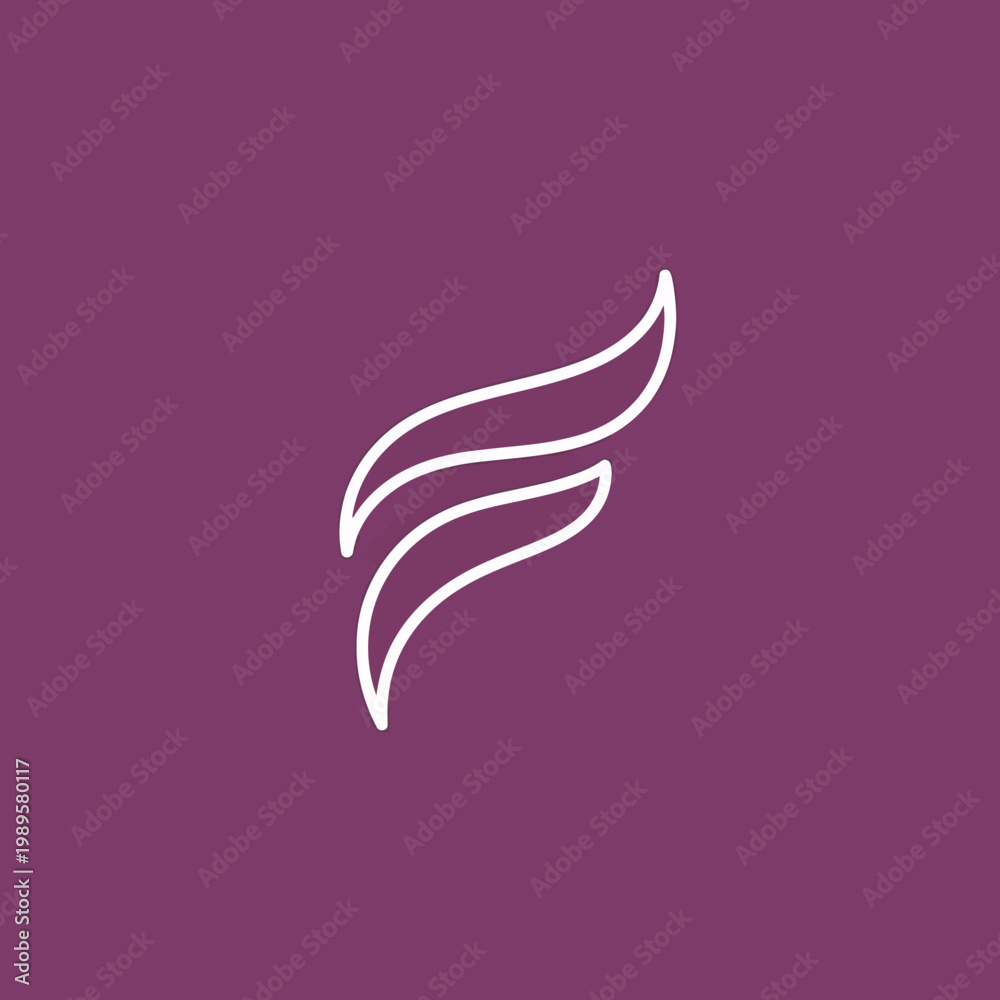 Fototapeta premium Elegant abstract flame-like symbol in white on purple background.