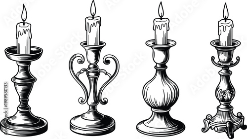 Vintage candle holders vector illustration set, engraved candelabra with burning candles, antique decorative objects for classic interior design