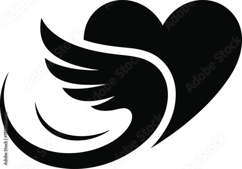 Heart with wings icon in bold black silhouette representing love, freedom, romance, affection, spiritual connection, valentine symbol, hope, emotional expression, 