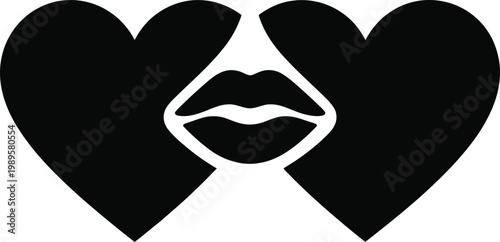 Broken heart with lips icon in bold black silhouette representing heartbreak, love loss, separation, emotional pain, romance concept, kiss symbol, relationship issues, valentine theme, minimalist 