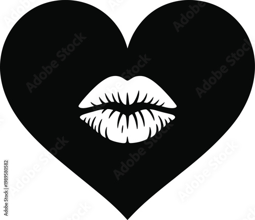 Bold graphic icon of a solid black heart containing a detailed white lipstick kiss print in the center isolated on white background excellent for romantic themed branding and modern valentine graphics