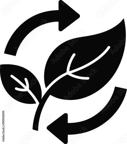 Eco friendly recycle concept icon with green leaf and circular arrows symbolizing sustainability, environmental protection, renewable resources, organic growth, nature conservation and eco system 