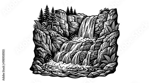 Vector Pinocut An artistic black and white illustration of a cascading waterfall through rock formation