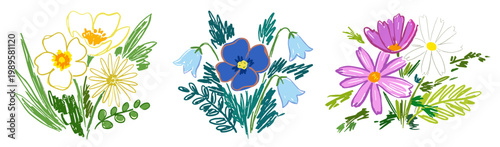 Hand Drawn Floral Bunches Set, Colorful Wax Crayon Flower Sketches, Minimalist Botanical Illustrations Isolated on White Background