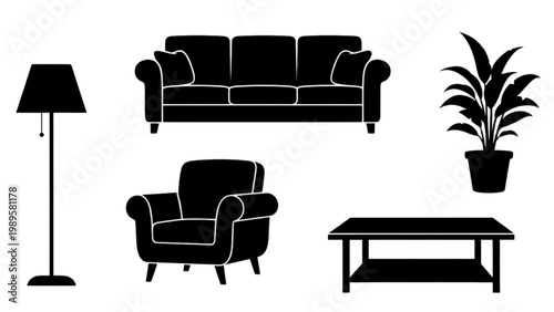 2D AutoCAD icons of a living room with furniture and plants