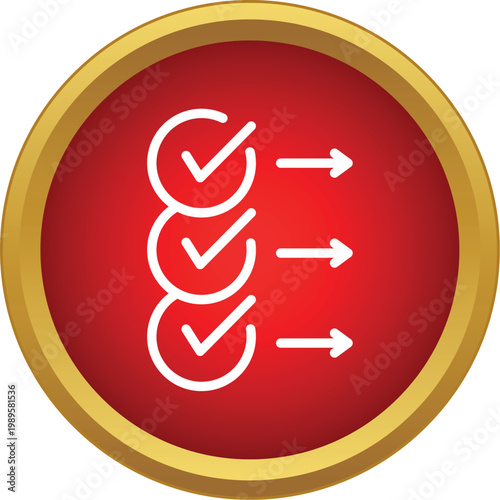 Red button showing a checklist with completed items and progress arrows