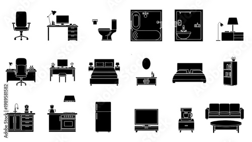 Collection of 2D AutoCAD icons for home office and furniture designs