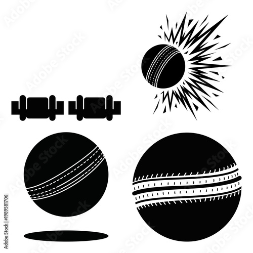 Cricket ball and wicket bail silhouette icon collection