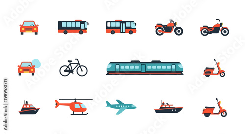 Colorful flat icons depicting various modes of transportation arrangements