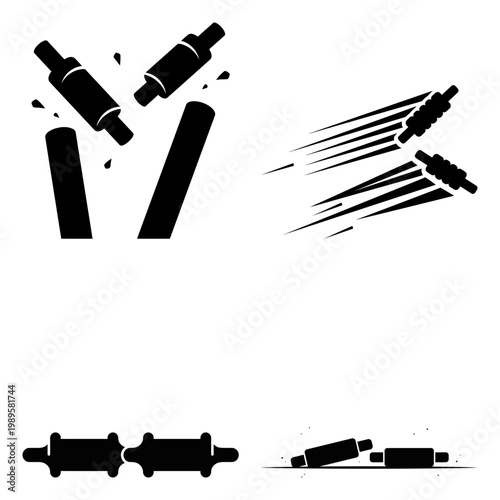 Broken cricket wicket and flying bail silhouette icon set