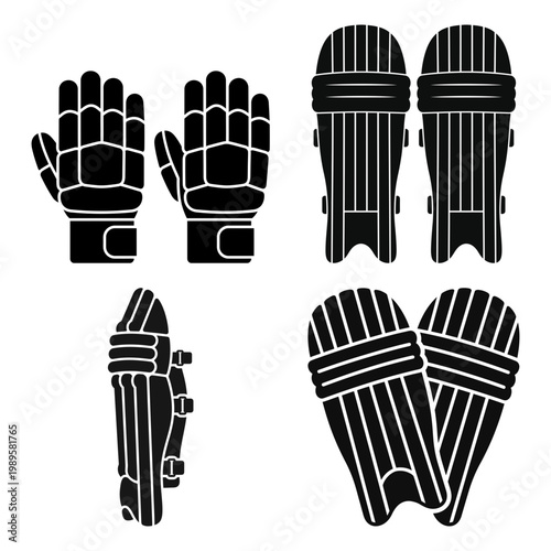 Cricket gloves and leg pads silhouette icon set