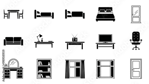 Collection of 2D AutoCAD icons for furniture and office equipment