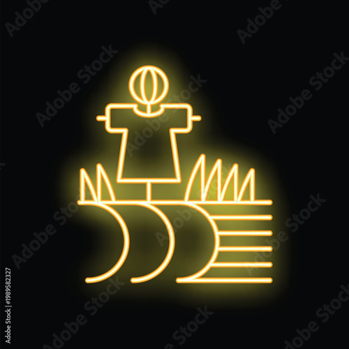 Yellow neon icon of a scarecrow standing in the middle of a plowed field