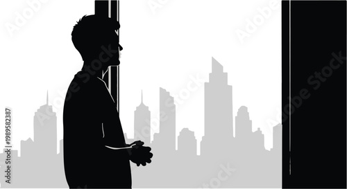 Businessman standing in front of city skyline silhouette, looking out window, urban professional concept