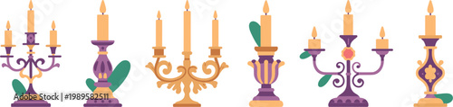Elegant candle holders vector set, decorative candelabra with burning candles, vintage home decor elements for interior