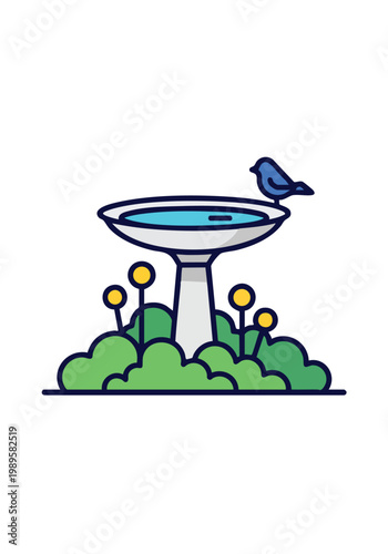 Stylish Modern Bird Bath Fountain in a Green Garden Setting