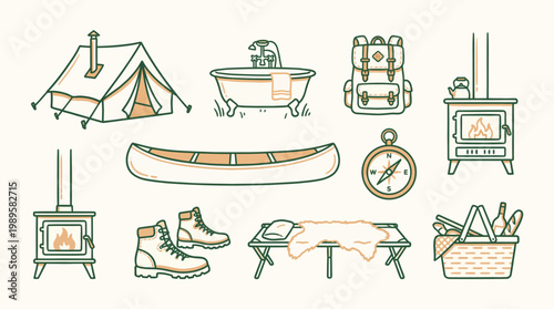 Vector illustration collection of essential outdoor and camping gear, perfect for adventure, leisure, and a cozy escape into nature, featuring tents, canoes, hiking boots, and rustic comforts