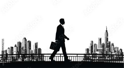 Silhouette of young professional businessman walking on bridge with briefcase in urban city skyline with skyscrapers during daytime