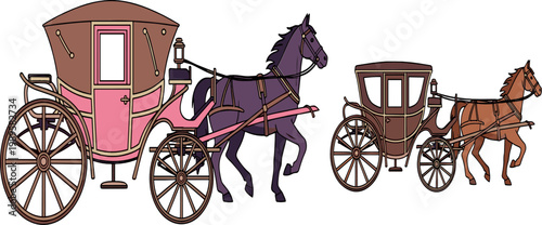 Vintage Horse Carriage Vector Illustration Set with Classic Coach, Elegant Transport Vehicles, and Historical Travel Scenes for Retro, Victorian, and Heritage Design Projects