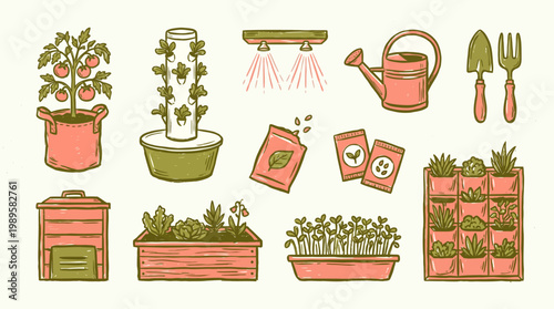 Sustainable Home Gardening Essentials Collection Illustrated Tools, Systems, and Plants for Urban Cultivation and Healthy Living