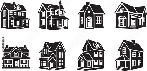 Residential House Silhouettes and Victorian Home Architecture Icons