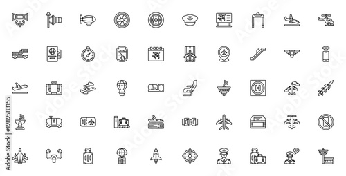 Aviation_2049 icon set. Vector aviation symbols collection. Includes plane, pilot, luggage, rocket, radar, passport, runway, control tower and more. Editable thin line icons.