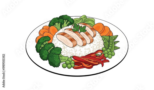 Rice dish chicken vegetables vector plate food illustration