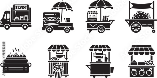 Food Truck and Street Vendor Kiosk Icon Vector Set