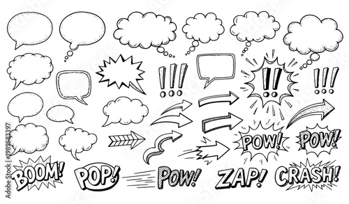 Comic speech bubbles vector doodle set black sound effects clouds arrows