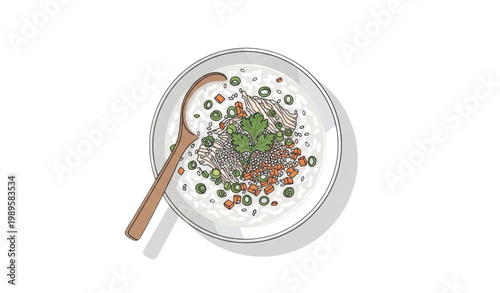 Rice porridge bowl vector meat vegetables healthy dish illustration