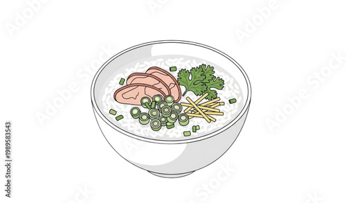Congee rice bowl vector healthy food meat vegetables illustration