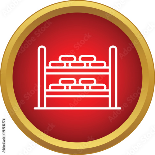 Rack holding sacks of raw materials or finished products in a red circle icon