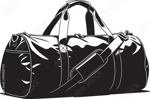Black Leather Gym Duffle Bag with White Stitching and Adjustable Straps Vector Illustration