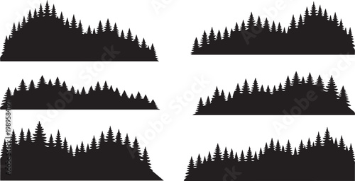 A collection of six black silhouettes depicting various dense evergreen forest landscapes high-quality