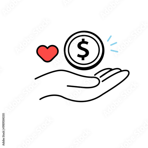 Hand holding dollar coin and heart symbol, representing charity and financial support