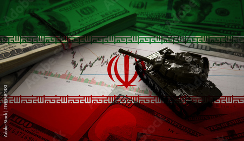 Iranian army toy tank drive on iranian bills of rial currency on flag of Islamic Republic of Iran close up