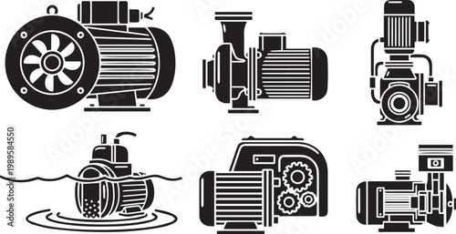 Water Pump Icon Set Industrial Electric Motor Engine Silhouette