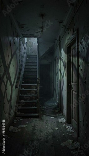 Dark, abandoned hallway with peeling walls and broken stairs. Graffiti marks cover the left wall. Single door stands slightly ajar on the right. Dust and debris litter the floor and ceiling