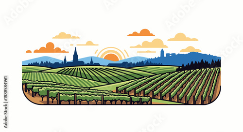Rolling vineyards at sunrise with distant town and rolling hills