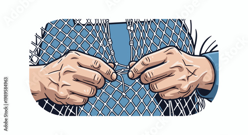 Hands mending a fishing net, close up, cartoon style