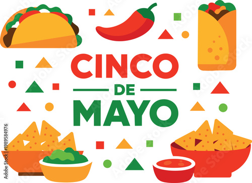 Cinco de Mayo food illustration with taco nachos and chili pepper festive design