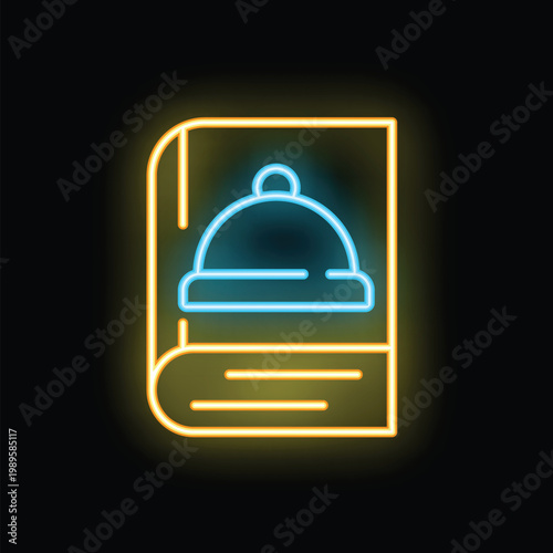 Neon sign representing a cookbook with a covered dish drawing on a black background