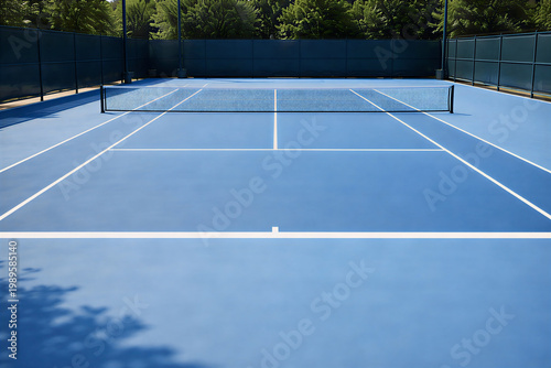 Minimalist Empty Tennis Court Blue Surface with Copy Space Summer Sports Background
