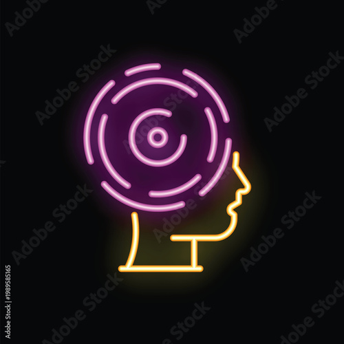 Neon glowing symbol of hypnosis composed by purple swirling lines above a yellow human head profile on a black background
