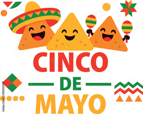 Cute Cinco de Mayo food characters with taco and nachos festive design