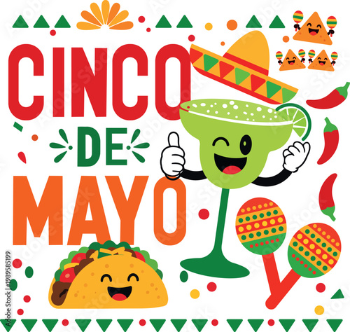 Cinco de Mayo poster with margarita glass and festive Mexican elements