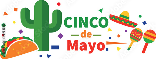 Cinco de Mayo banner with cactus, taco and maracas colorful festive design