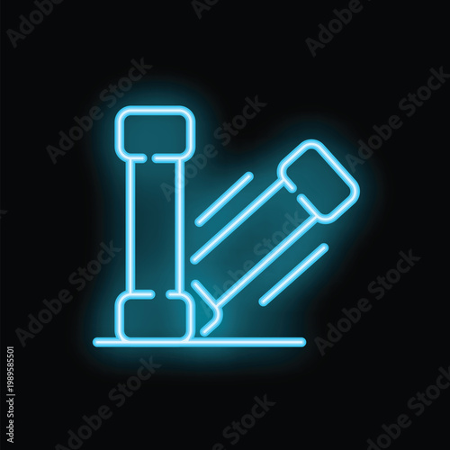 Blue neon sign illustrating two electric fuses blowing with sparks on black background